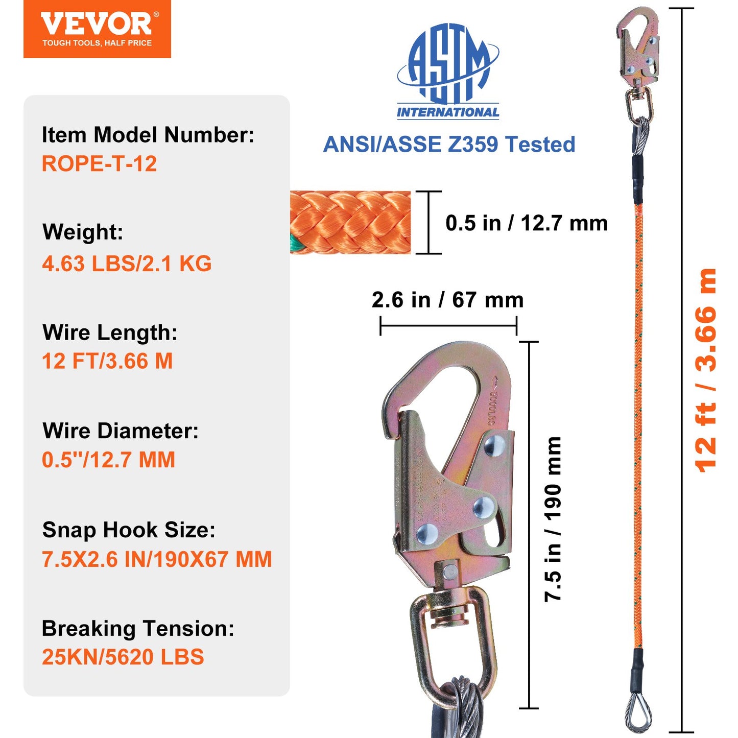 Steel Core flipline, 1/2" x 12' Arborist Flipline, Flip Line for Tree Climbing with Alloy Steel Snap Hook, Aluminum Alloy Carabiner and Extra Tool Lanyard, for Arborist, Tree Climbers