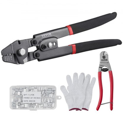 Wire Rope Crimping Tool and Cutter Up To 2.2mm Wire Cable Crimps, 1/64" - 3/32" Crimping Loop Sleeve Kit and 160pcs Aluminum Buckles, Fishing Crimping Tool Wire Rope Thimbles Kit