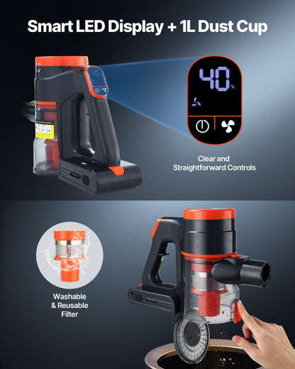 Cordless Vacuum Cleaner, 40KPA Max Suction, Rechargeable Anti-Tangle Stick Vacuum with LED Display Screen, Lightweight Handheld Vac with 47mins Runtime for Home, Carpet, Pet Hair, Hard Floor