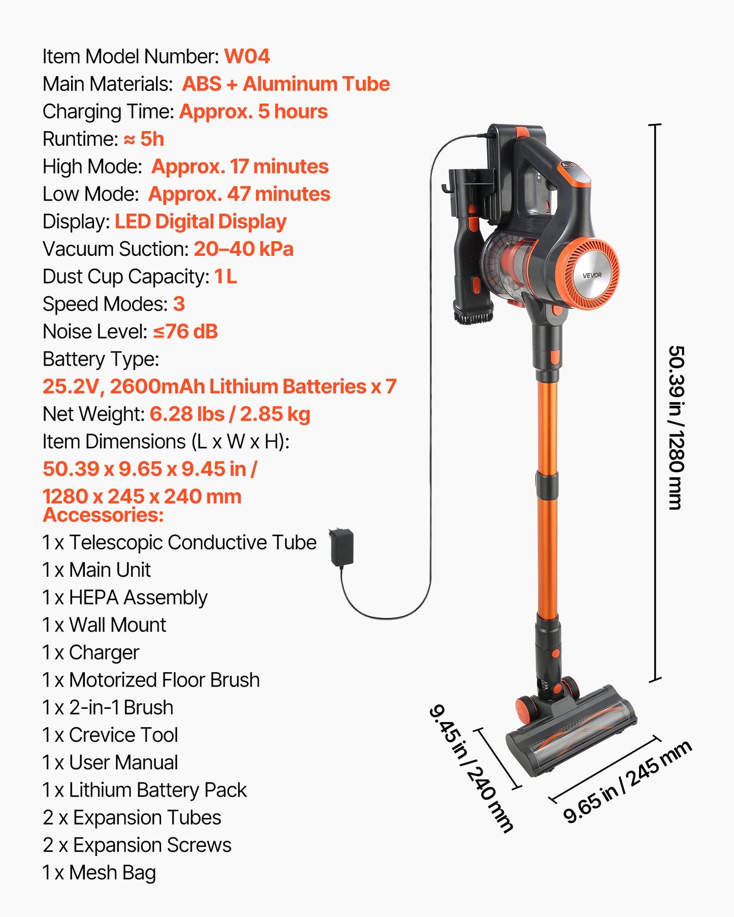 Cordless Vacuum Cleaner, 40KPA Max Suction, Rechargeable Anti-Tangle Stick Vacuum with LED Display Screen, Lightweight Handheld Vac with 47mins Runtime for Home, Carpet, Pet Hair, Hard Floor