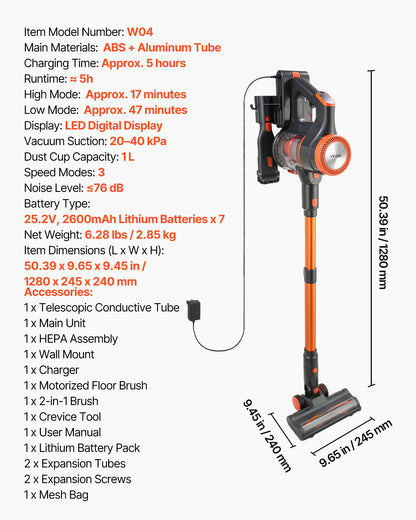 Cordless Vacuum Cleaner, 40KPA Max Suction, Rechargeable Anti-Tangle Stick Vacuum with LED Display Screen, Lightweight Handheld Vac with 47mins Runtime for Home, Carpet, Pet Hair, Hard Floor