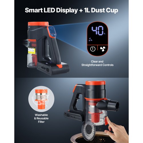 Sladdlös Dammsugare, 40KPA Max Sugkraft, Uppladdningsbar Anti-Tangle Stick Dammsugare med LED-skärm, Lätt Handhållen Dammsugare med 47 minuters Drifttid för Hem, Mattor, Djurhår, Hårda Golv |  EU