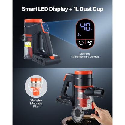 Sladdlös Dammsugare, 40KPA Max Sugkraft, Uppladdningsbar Anti-Tangle Stick Dammsugare med LED-skärm, Lätt Handhållen Dammsugare med 47 minuters Drifttid för Hem, Mattor, Djurhår, Hårda Golv |  EU