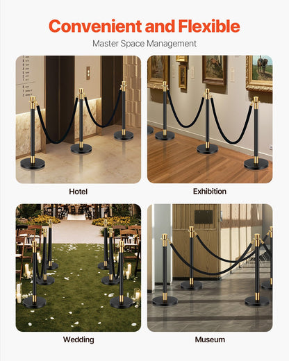 Stanchions and Velvet Ropes, 6 Pcs Crowd Control Barriers with 4 Black Velvet Ropes, Stainless Steel Stanchion Post Queue with Sand Injection Hollow Base for Theater, Wedding, Party Supplies