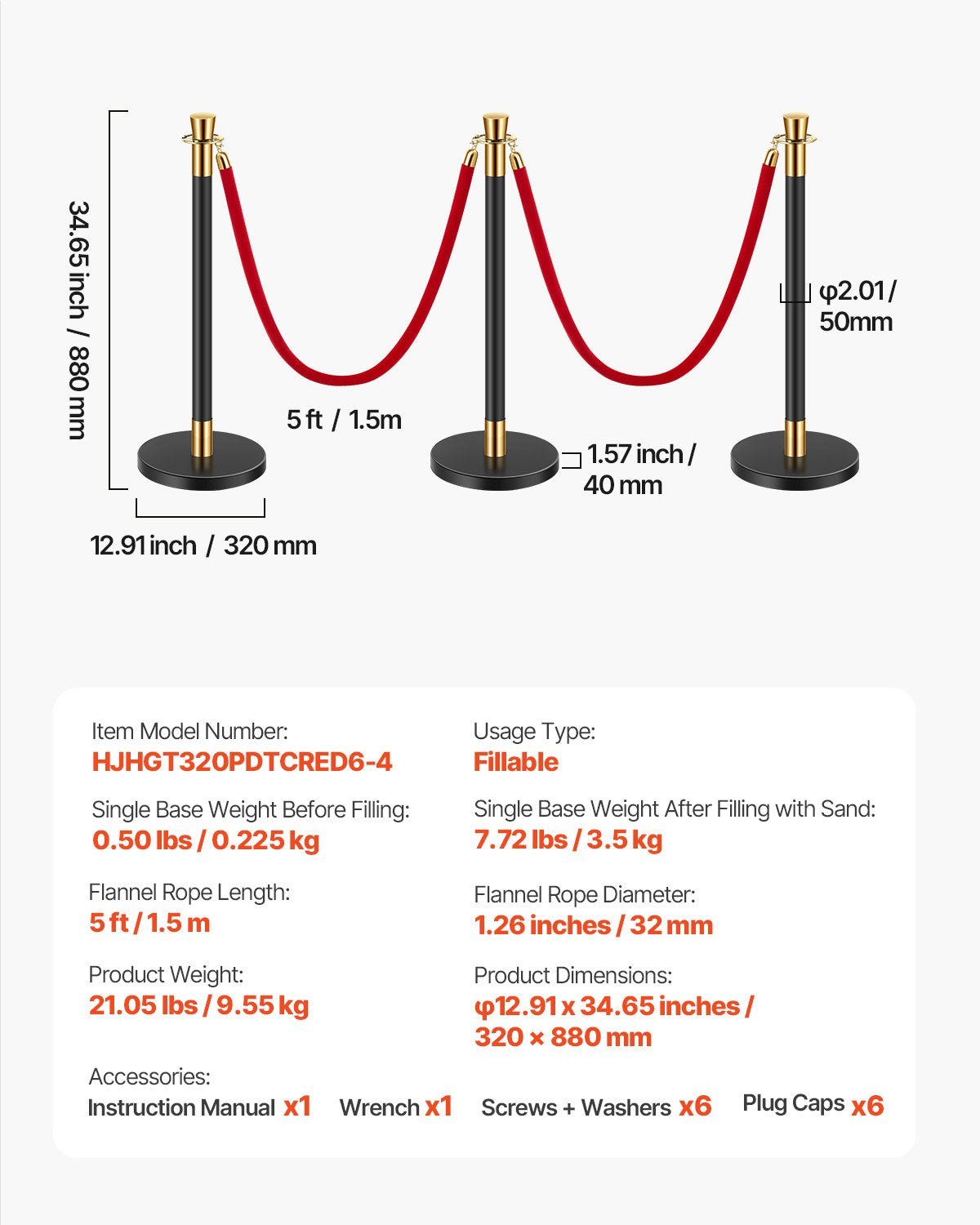 6 pcs pole post with 4 red velvet ropes and hollow base for sand injection