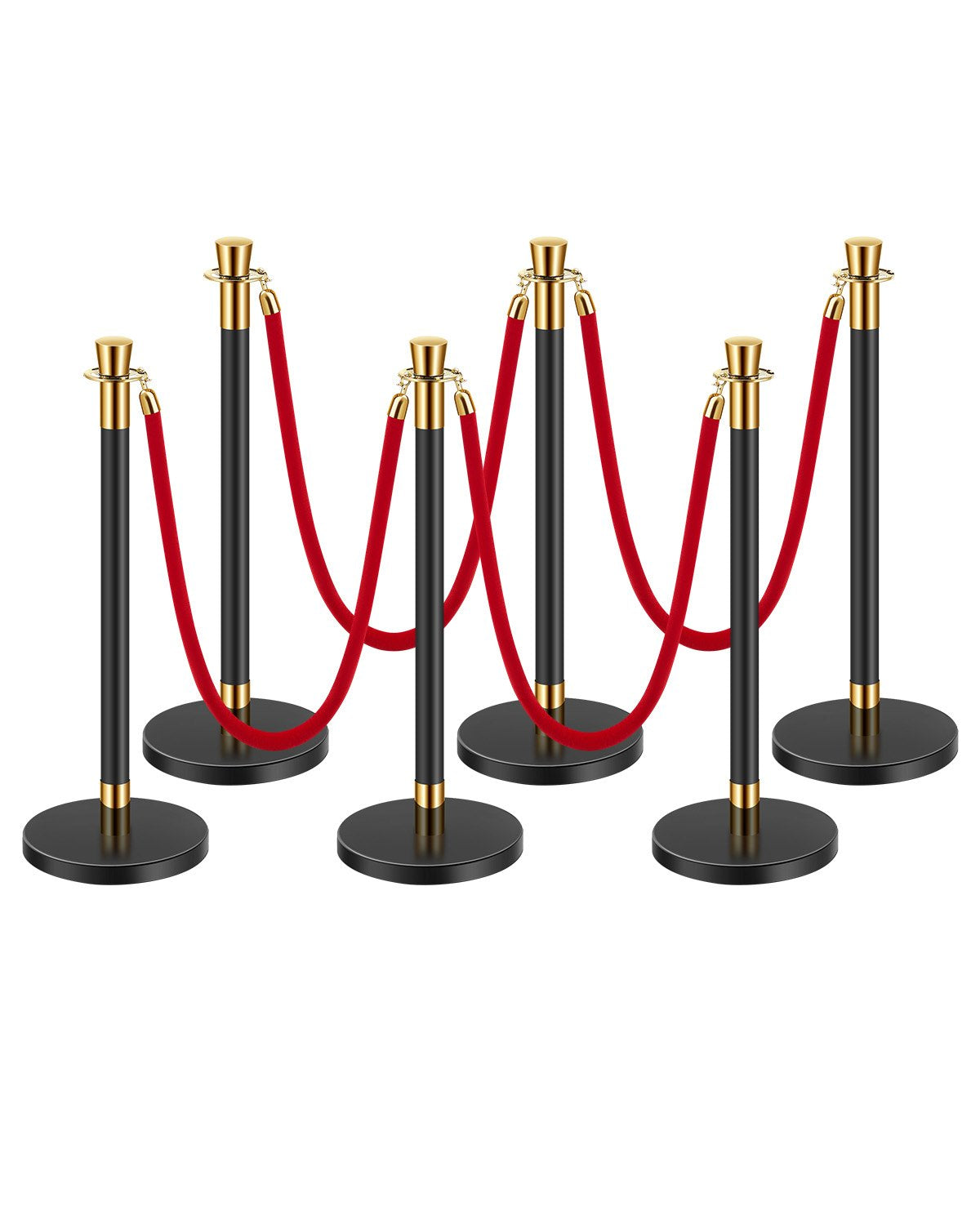 6 pcs pole post with 4 red velvet ropes and hollow base for sand injection