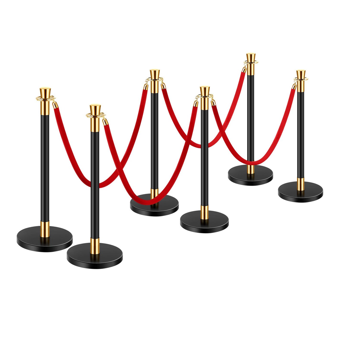 6 pcs pole post with 4 red velvet ropes and hollow base for sand injection
