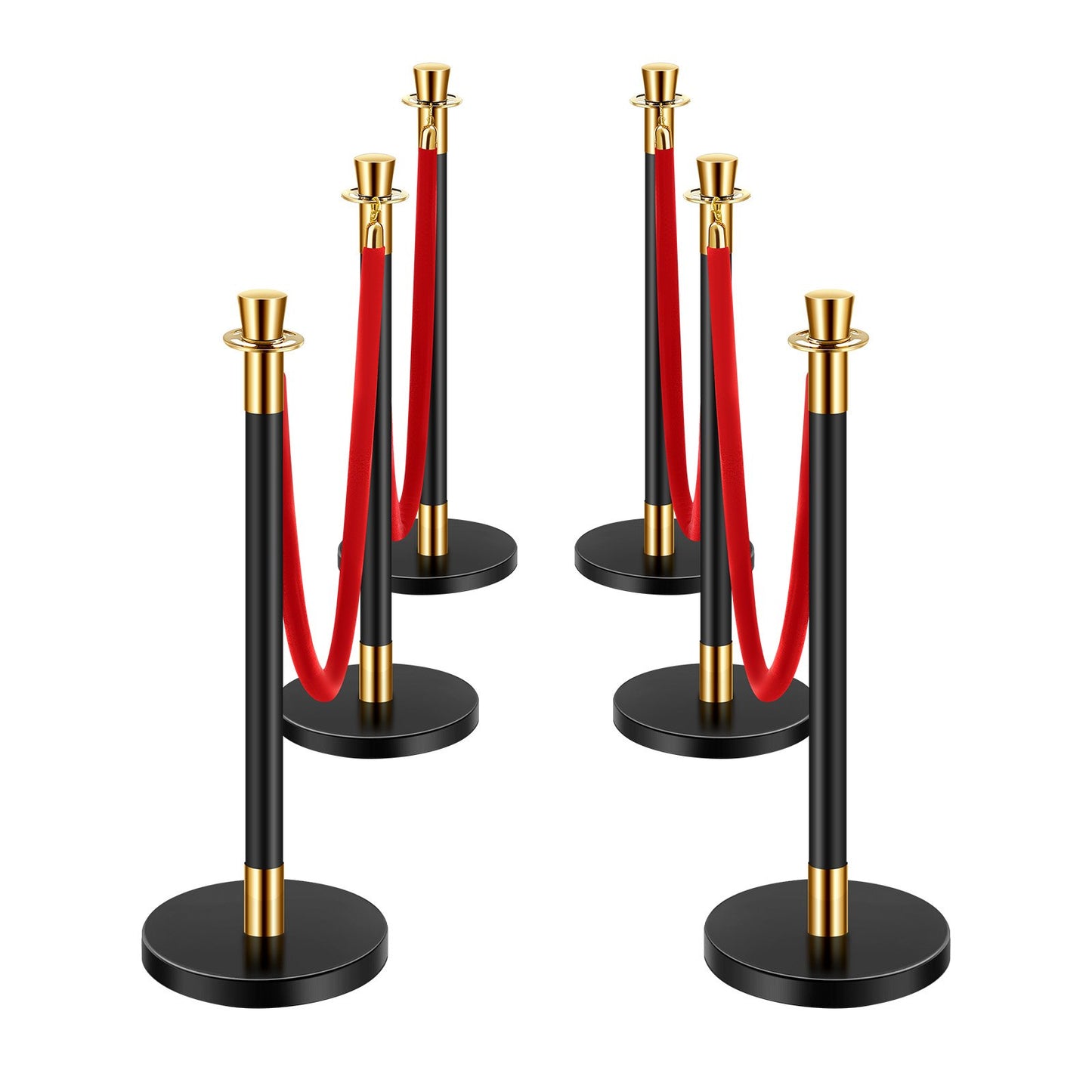 6 pcs pole post with 4 red velvet ropes and hollow base for sand injection