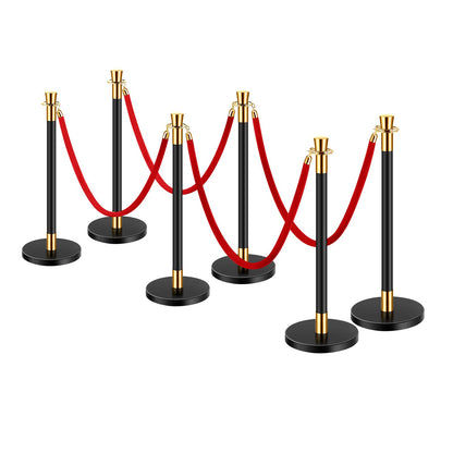 6 pcs pole post with 4 red velvet ropes and hollow base for sand injection