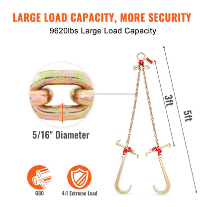 V-Chain Bridle, 9620 lbs Working Load Limit, 5/16'' x 3' G80 Tow Chain with RTJ Cluster Hooks, DOT Certified, Galvanized Coating Manganese Steel & D-Shackle, for Lifting & Moving Activities