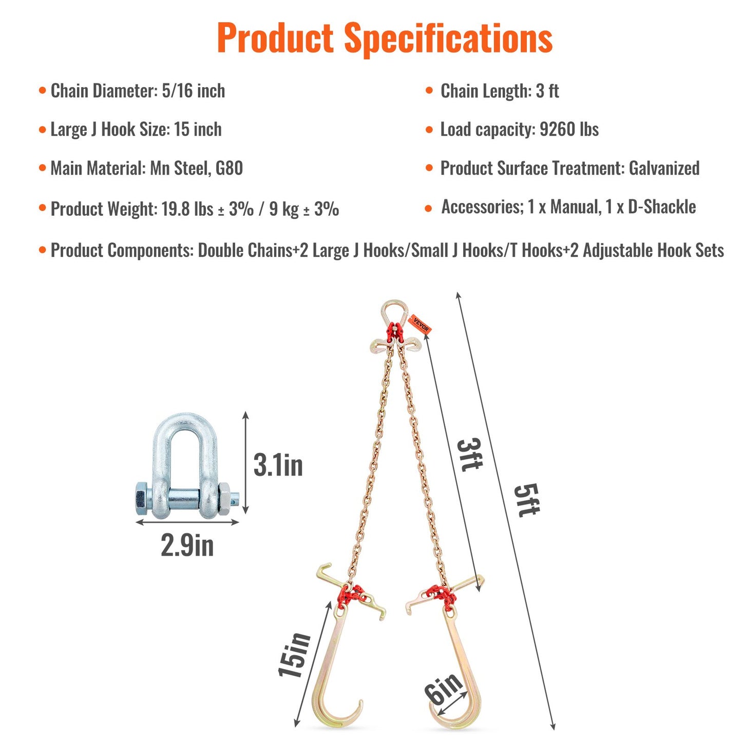 V-Chain Bridle, 9620 lbs Working Load Limit, 5/16'' x 3' G80 Tow Chain with RTJ Cluster Hooks, DOT Certified, Galvanized Coating Manganese Steel & D-Shackle, for Lifting & Moving Activities