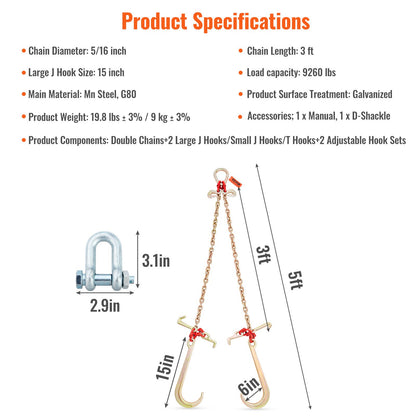 V-Chain Bridle, 9620 lbs Working Load Limit, 5/16'' x 3' G80 Tow Chain with RTJ Cluster Hooks, DOT Certified, Galvanized Coating Manganese Steel & D-Shackle, for Lifting & Moving Activities