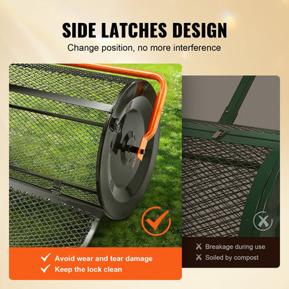 Kompoststreuer, 62–65 cm höhenverstellbarer Griff, 61 cm breit, Rasen- und Gartensoden-Mauswalze mit seitlichen Verriegelungen, pulverbeschichteter Stahlgitterkorb zum Ausbringen von Mist, Mutterboden, schwarz