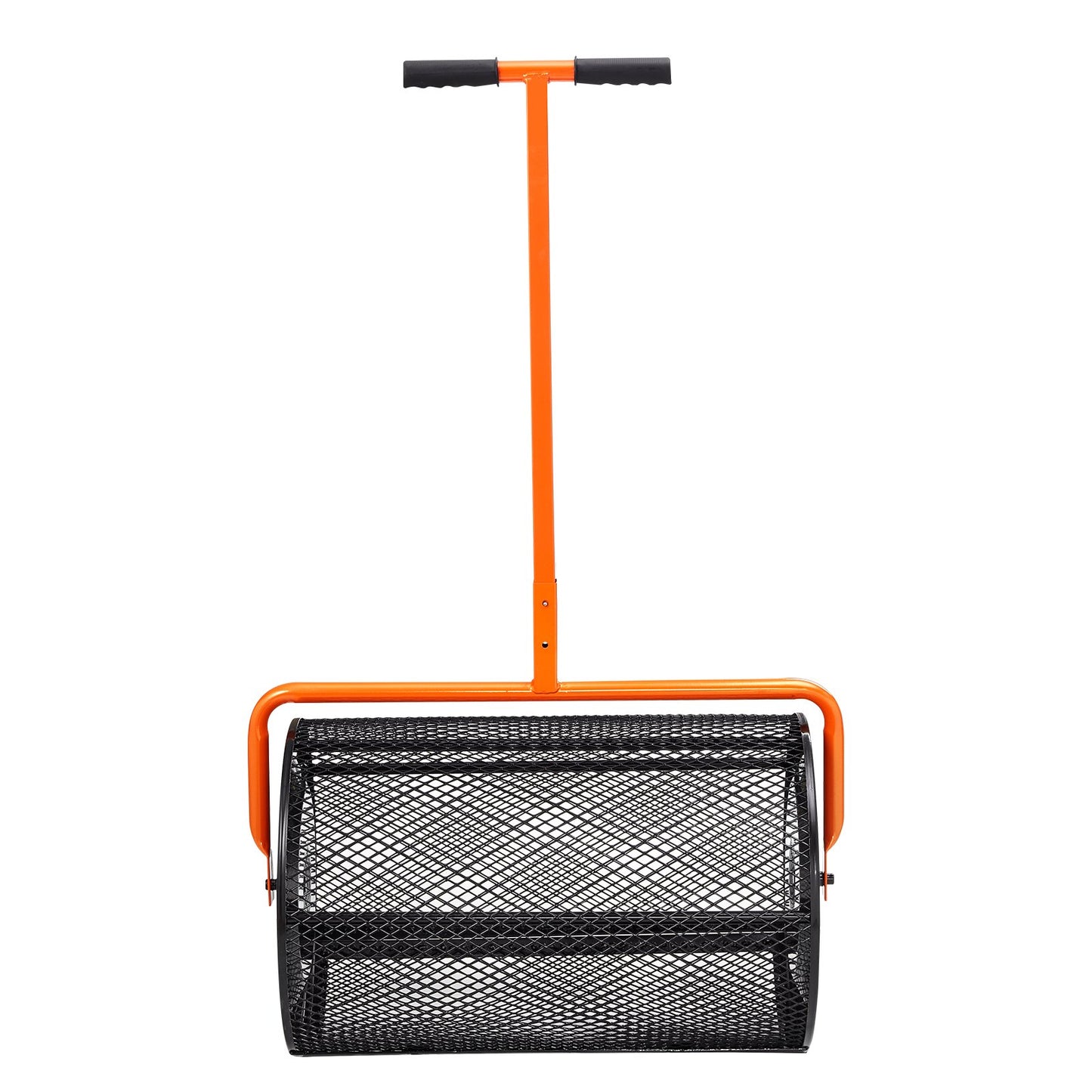 Kompoststreuer, 62–65 cm höhenverstellbarer Griff, 61 cm breit, Rasen- und Gartensoden-Mauswalze mit seitlichen Verriegelungen, pulverbeschichteter Stahlgitterkorb zum Ausbringen von Mist, Mutterboden, schwarz