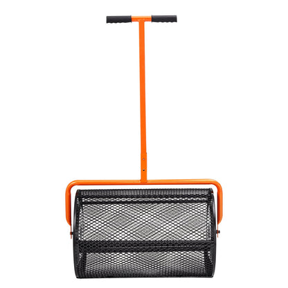 Kompoststreuer, 62–65 cm höhenverstellbarer Griff, 61 cm breit, Rasen- und Gartensoden-Mauswalze mit seitlichen Verriegelungen, pulverbeschichteter Stahlgitterkorb zum Ausbringen von Mist, Mutterboden, schwarz