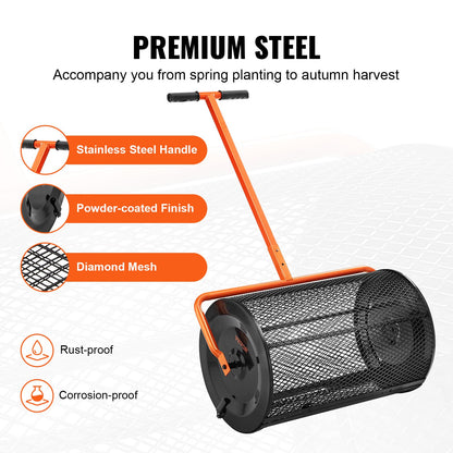 Compost Spreader, 24.4-25.6" Height Adjustable Handle, 24" Wide, Lawn and Garden Peat Moss Roller with Side Latches, Powder Coated Steel Mesh Basket for Spreading Manure, Topsoil, Black