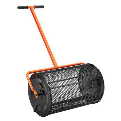 Compost Spreader, 24.4-25.6" Height Adjustable Handle, 24" Wide, Lawn and Garden Peat Moss Roller with Side Latches, Powder Coated Steel Mesh Basket for Spreading Manure, Topsoil, Black