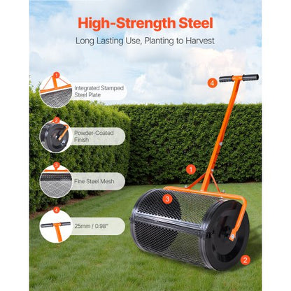 Kompostspridare, 24 tum bred torvmossspridare med T-format handtag, 3 höjdjusterbar, pulverlackerad ståltorvvals, kraftiga gräsfröspridare för plantering och sådd |  EU