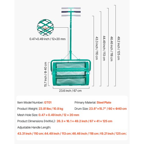 Kompostspridare, 60 cm bred torvmossspridare med tryck-/draghandtag, justerbar i 4 höjder, pulverlackerad ståltorvvält för trädgårdsbruk, kraftiga gräsfröspridare för plantering och sådd |  EU