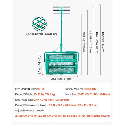 Kompostspridare, 60 cm bred torvmossspridare med tryck-/draghandtag, justerbar i 4 höjder, pulverlackerad ståltorvvält för trädgårdsbruk, kraftiga gräsfröspridare för plantering och sådd |  EU