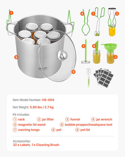 Canning Supplies Starter Kit, 9 Pieces Stainless Steel Water Bath Canning Kit for Beginners, Canning Tools Set: Pot, Rack, Lid, Funnel, Tongs, Jar Lifter, Wrench, Magnetic Wand, Bubble Propper
