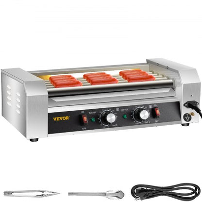 Hot Dog Roller, 12 Hot Dog Capacity 5 Rollers, 750W Stainless Steel Cook Warmer Machine with Dual Temp Control, LED Light and Detachable Drip Tray, Sausage Grill Cooker for Kitchen Restaurant