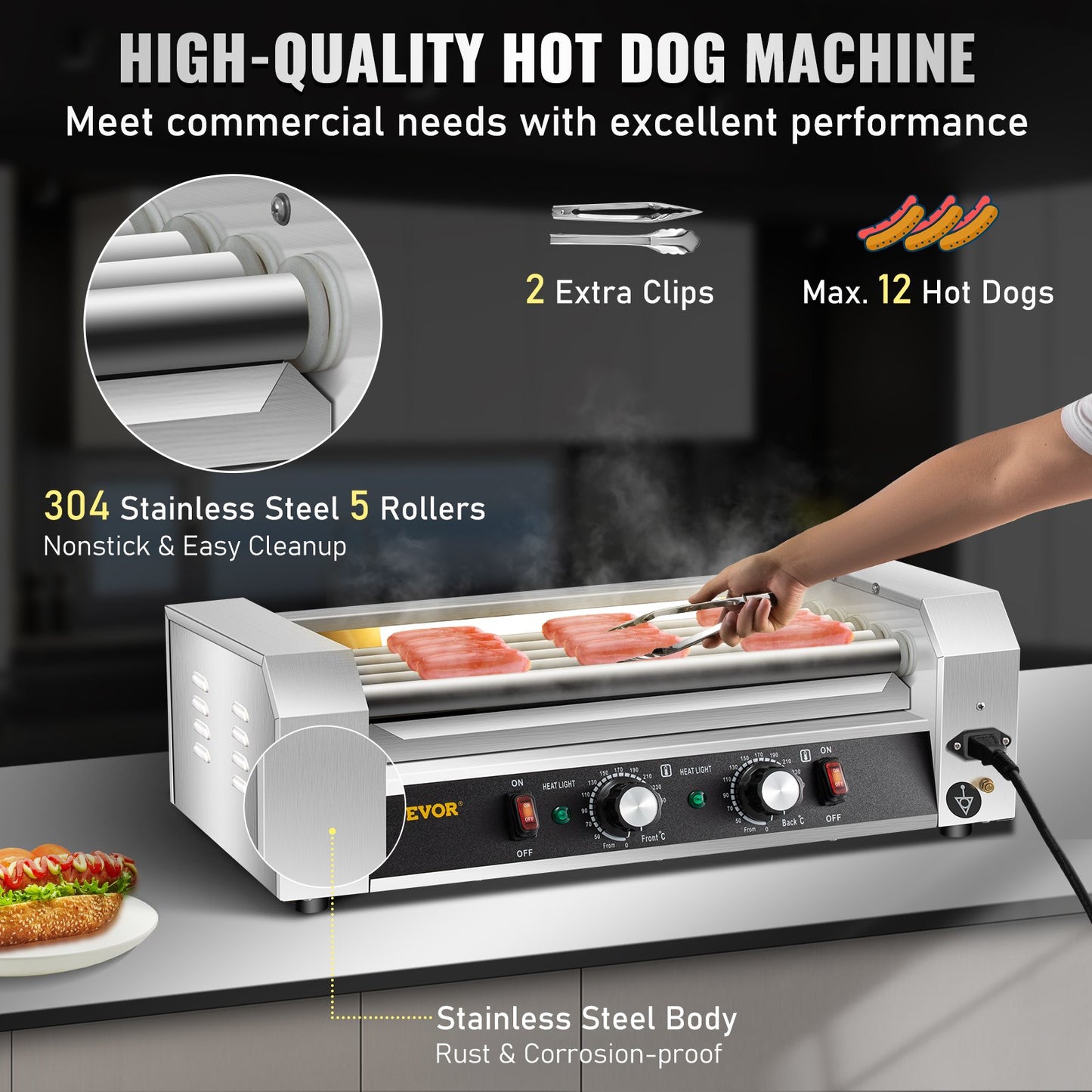 Hot Dog Roller, 12 Hot Dog Capacity 5 Rollers, 750W Stainless Steel Cook Warmer Machine with Dual Temp Control, LED Light and Detachable Drip Tray, Sausage Grill Cooker for Kitchen Restaurant