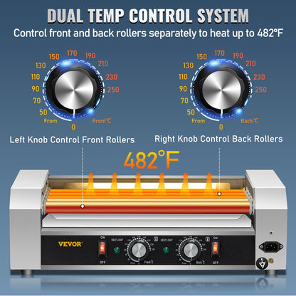Hot Dog Roller, 12 Hot Dog Capacity 5 Rollers, 750W Stainless Steel Cook Warmer Machine with Dual Temp Control, LED Light and Detachable Drip Tray, Sausage Grill Cooker for Kitchen Restaurant