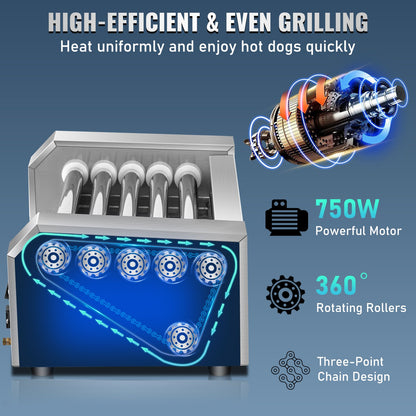 Hot Dog Roller, 12 Hot Dog Capacity 5 Rollers, 750W Stainless Steel Cook Warmer Machine with Dual Temp Control, LED Light and Detachable Drip Tray, Sausage Grill Cooker for Kitchen Restaurant