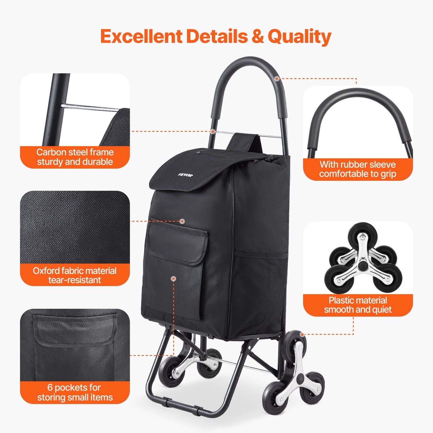 Treppensteigerwagen, faltbarer Einkaufswagen, 36 l, mit Aufbewahrungstasche, 6 Räder