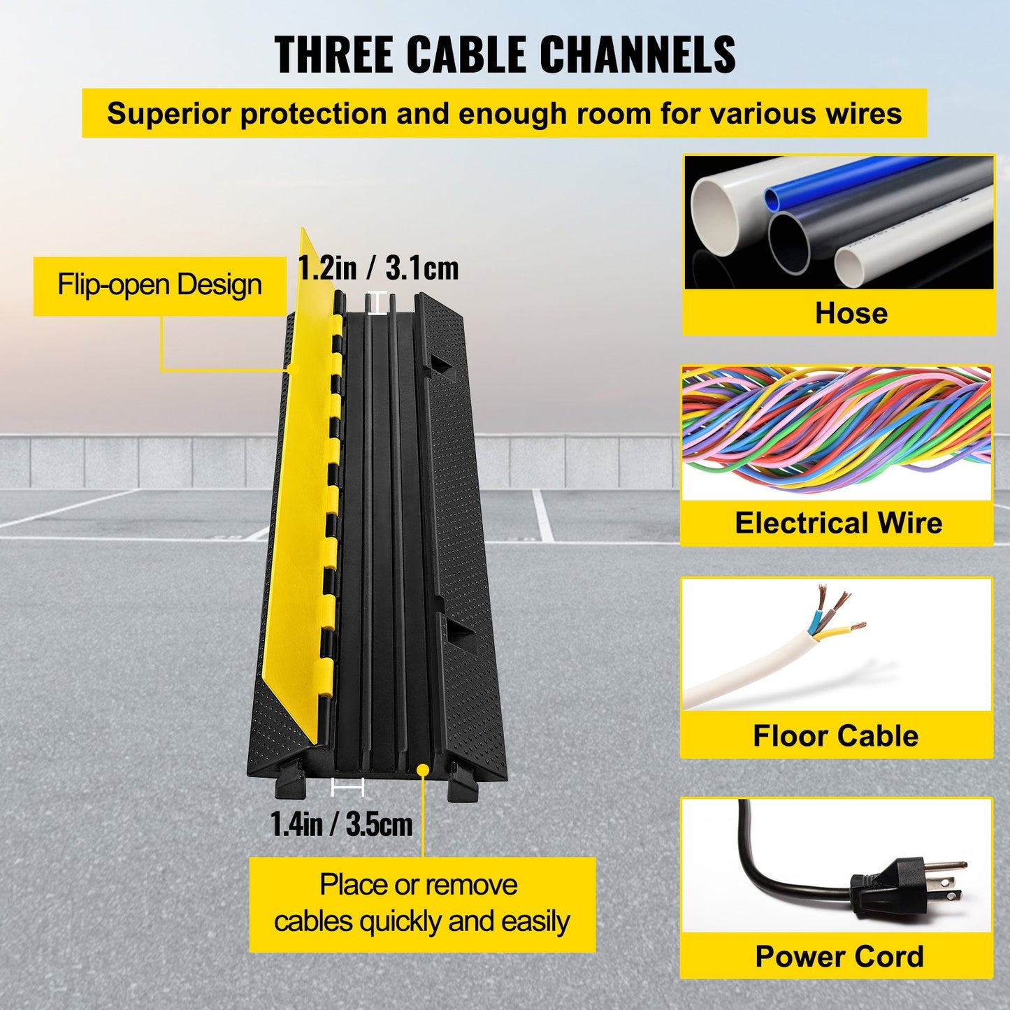3 Channel Rubber Cable Protector Ramp 1.2 x 1.2 Inch Channel Heavy Duty Cable Wire Cord Cover Ramp Speed Bump Driveway Hose Cable Ramp Protector