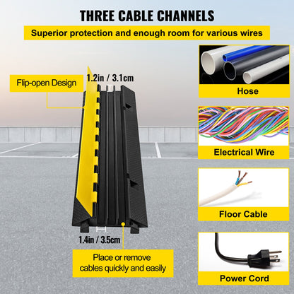 3 Channel Rubber Cable Protector Ramp 1.2 x 1.2 Inch Channel Heavy Duty Cable Wire Cord Cover Ramp Speed Bump Driveway Hose Cable Ramp Protector