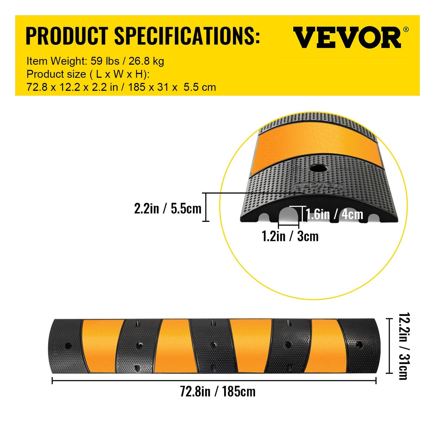 2pcs 6 Feet Rubber Speed Bump Driveway Modular Heavy Duty Speed Bumps 72.4 x 12 x 2.4 Inch Cable Protector Ramp for Garage Gravel Roads Asphalt Concrete