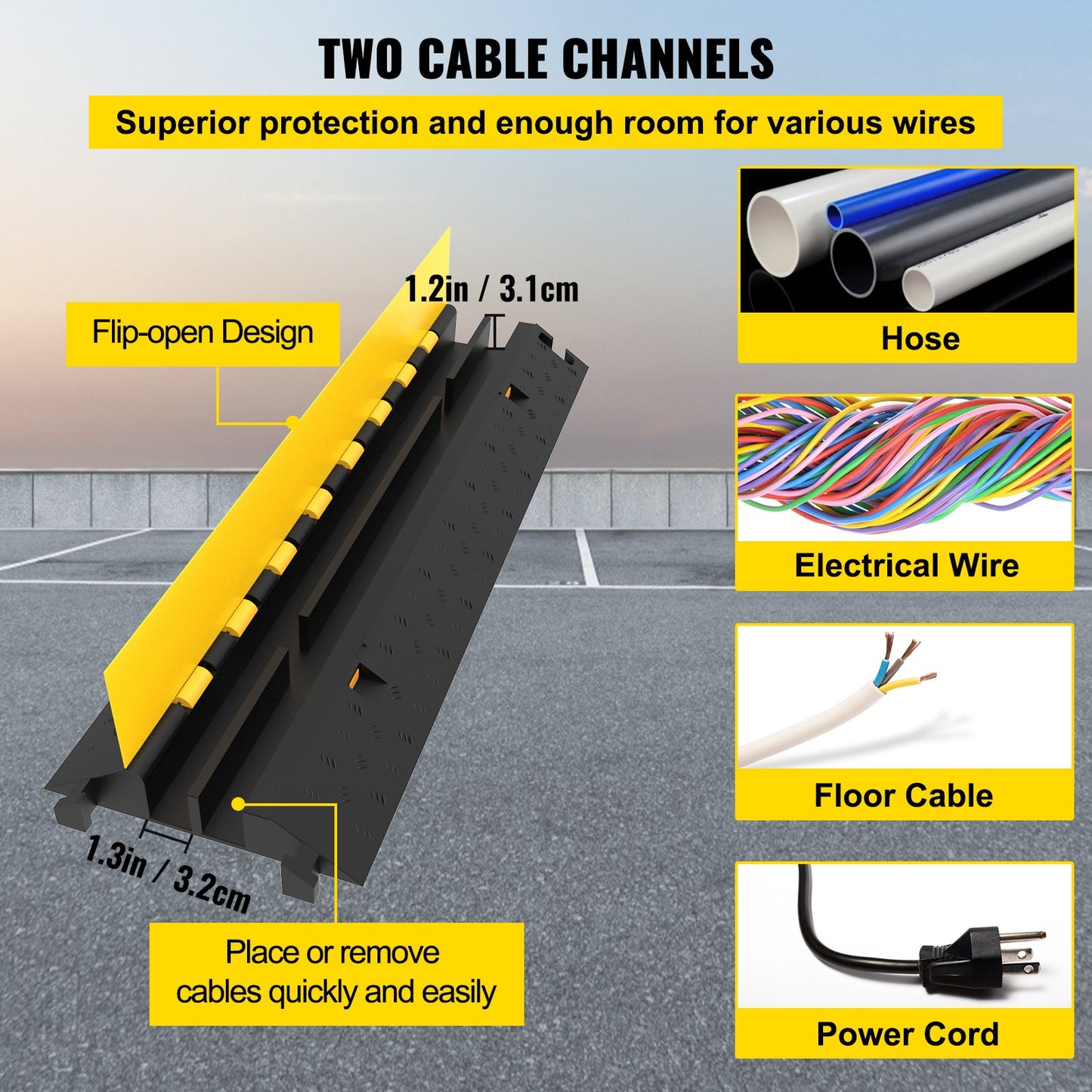 5-Set Rubber Cable Guard, Dual-Channel, Durable 66,000 lbs Capacity, Wire & Hose Protection Speed Bump for Driveways (2-Channel, 5 Sets-66,000 lbs)