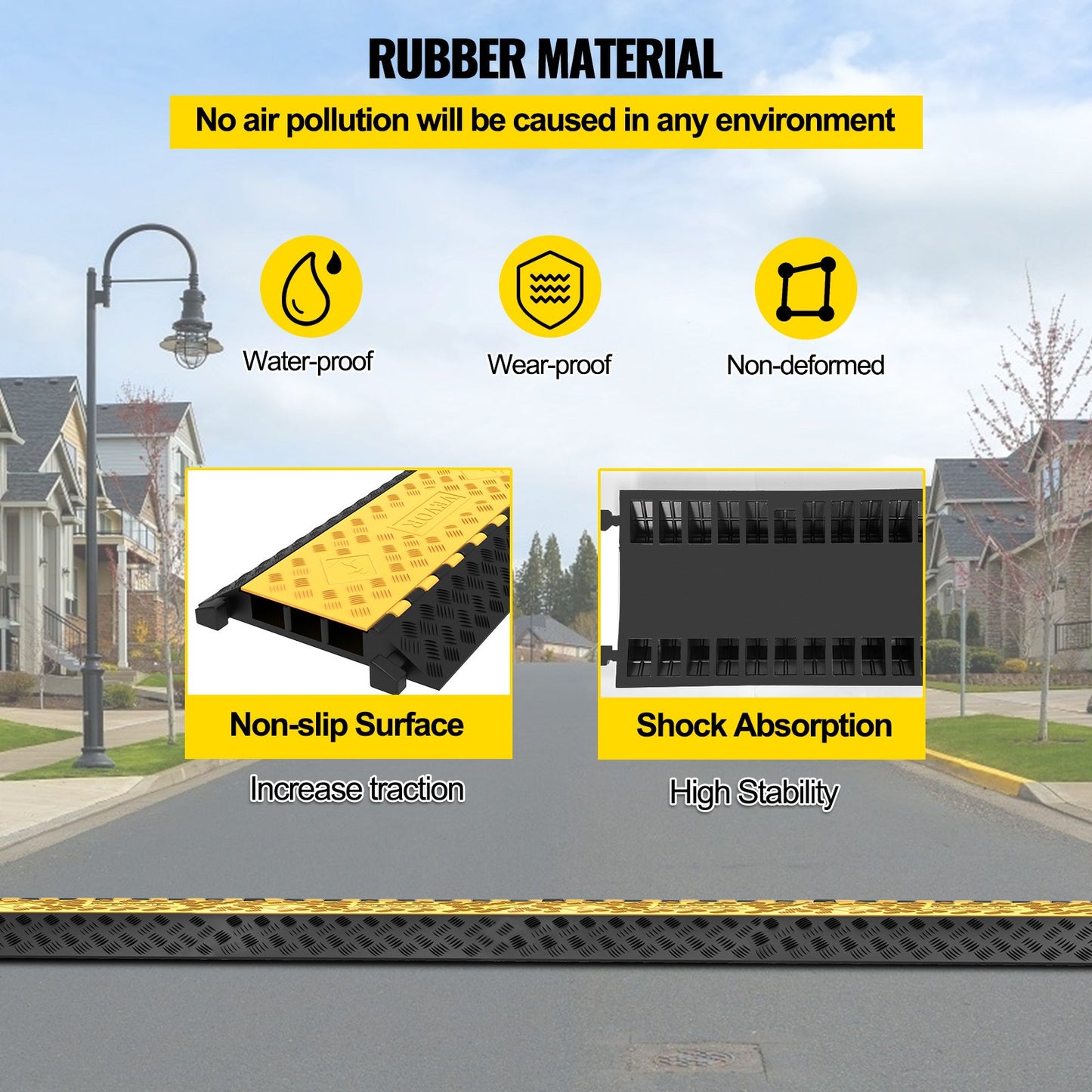 Rubber Cable Guard, 3-Channel, 2 x 2.3 in - Durable Cord Protection Ramp for Driveways, 6600 lbs Capacity