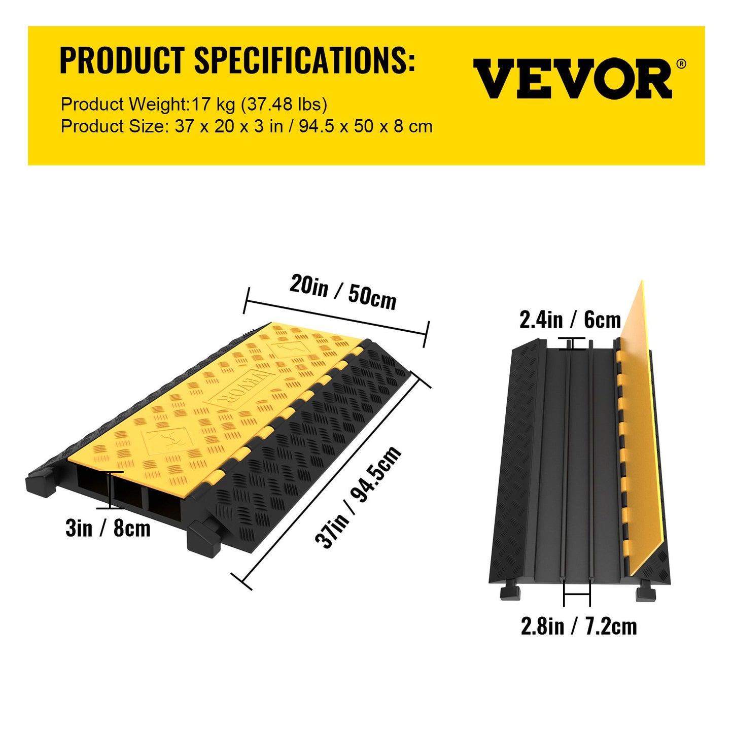 Rubber Cable Guard, 3-Channel, 2 x 2.3 in - Durable Cord Protection Ramp for Driveways, 6600 lbs Capacity