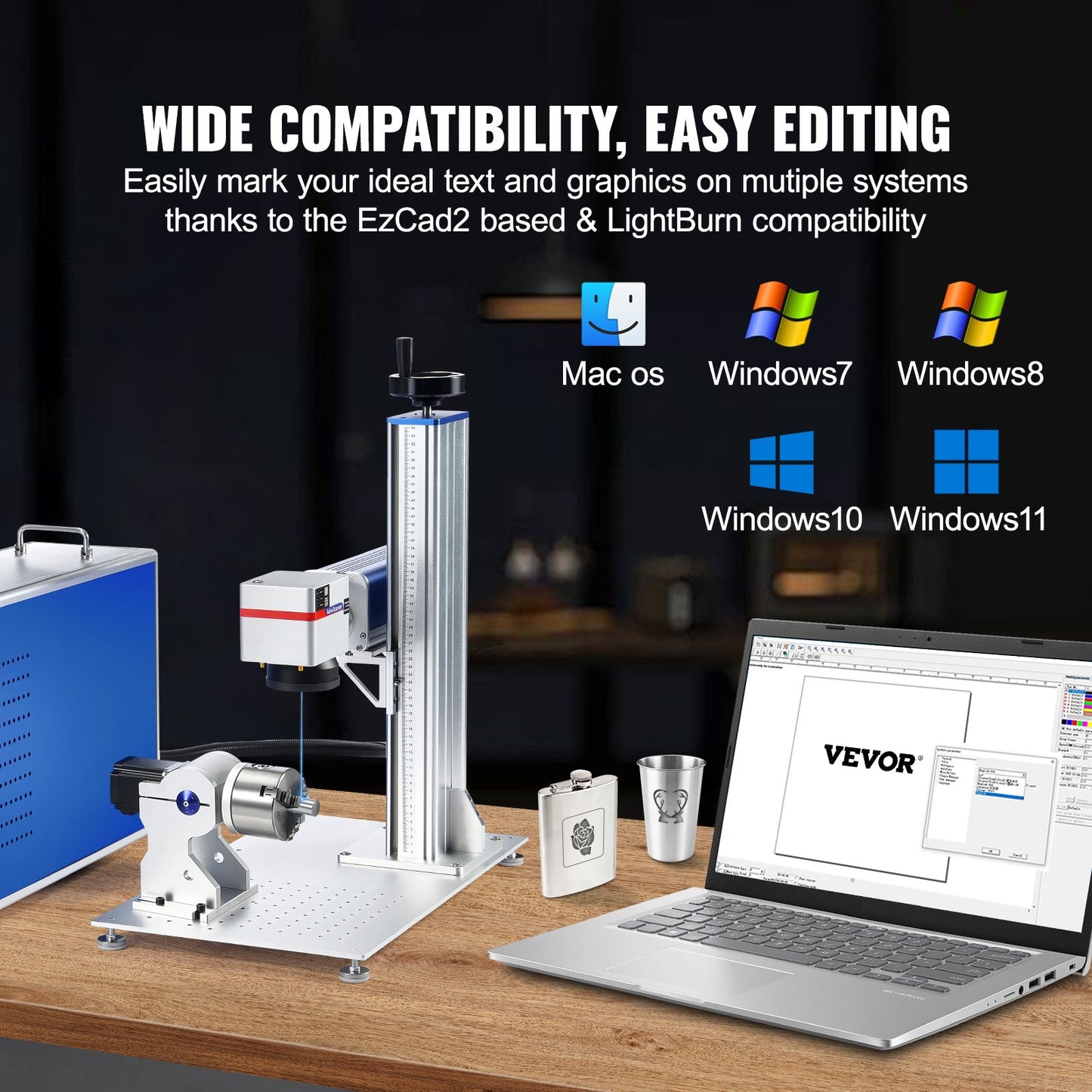 Fiber Laser Marking Machine, 100W Compatible with LightBurn, MOPA Color Fiber Laser Engraver, 6.9" x 6.9" Working Area with Rotary Axis, Solid State Laser Machine for Aluminum Steel Jewelry Gold