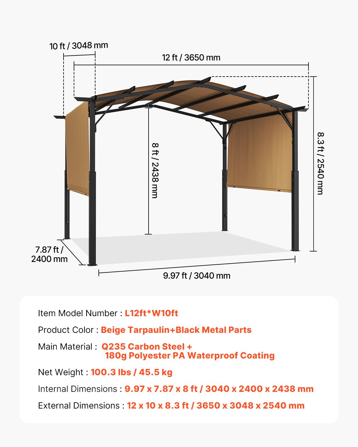 10x12 ft einziehbare Pergola für den Außenbereich mit gewölbter Metallpergola