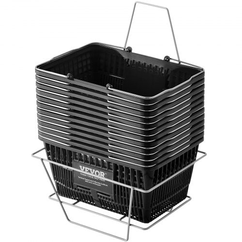 Shopping Basket, Set of 12, 21L Durable Plastic Grocery Basket with Metal Handle and Stand, 16.73 x 12.01 x 8.58 inch Portable Shop Basket for Retail Store Supermarket Grocery Shopping, Black