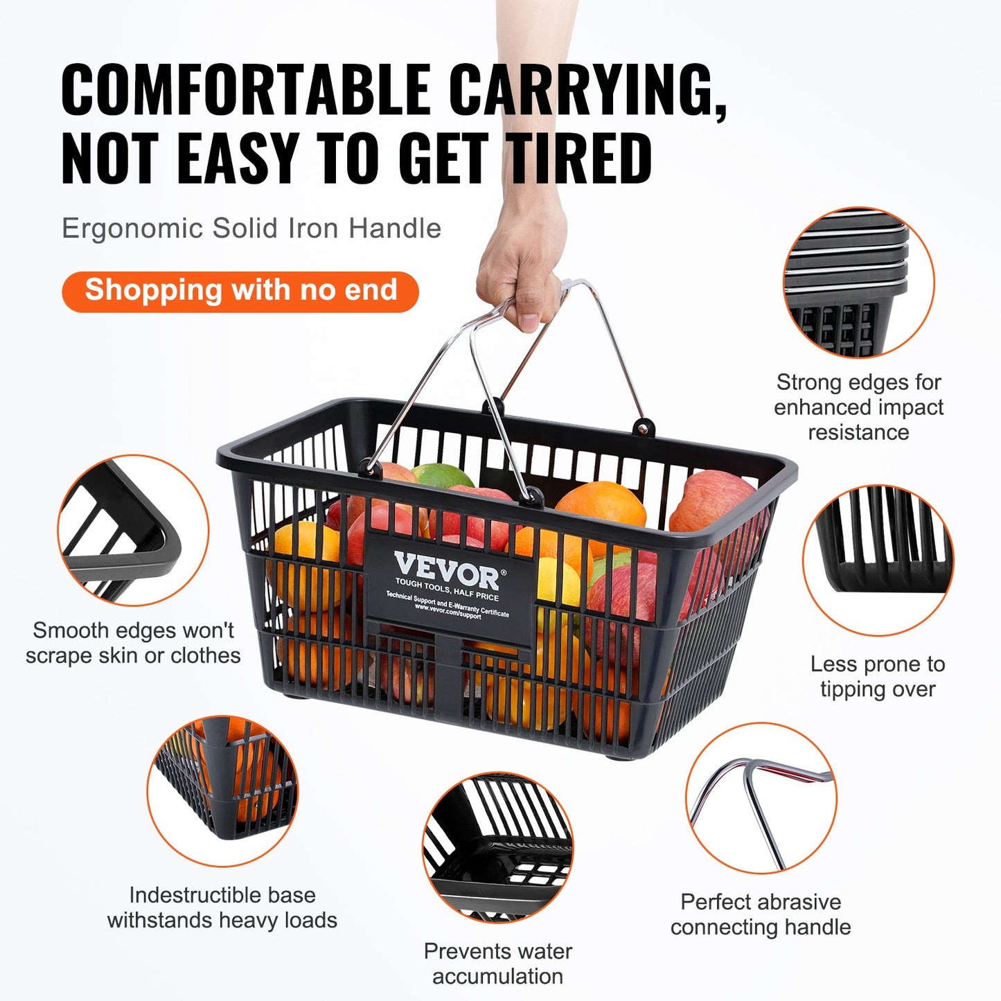 Shopping Cart Grocery Basket 12PCS 21L with Iron Handle &amp; Stand Black