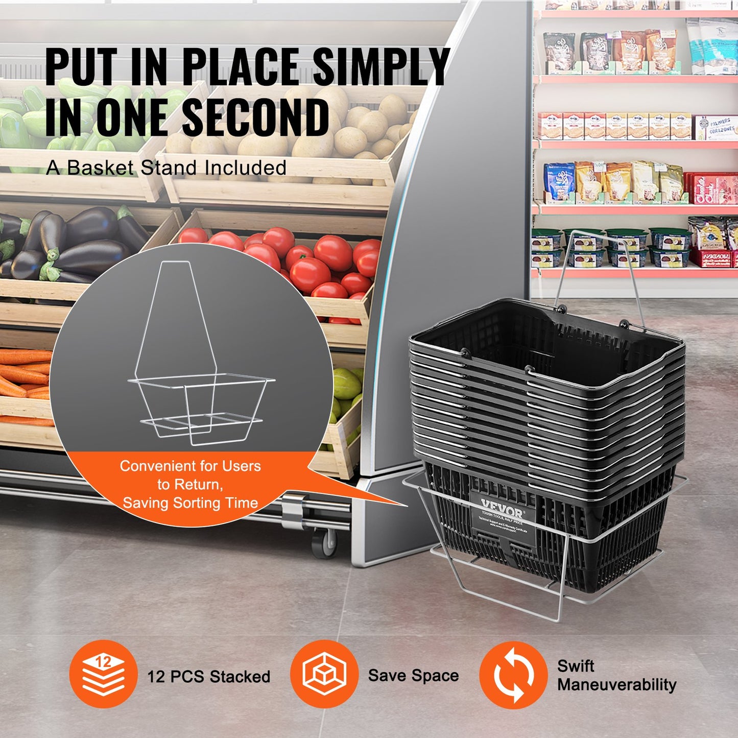 Shopping Cart Grocery Basket 12PCS 21L with Iron Handle &amp; Stand Black