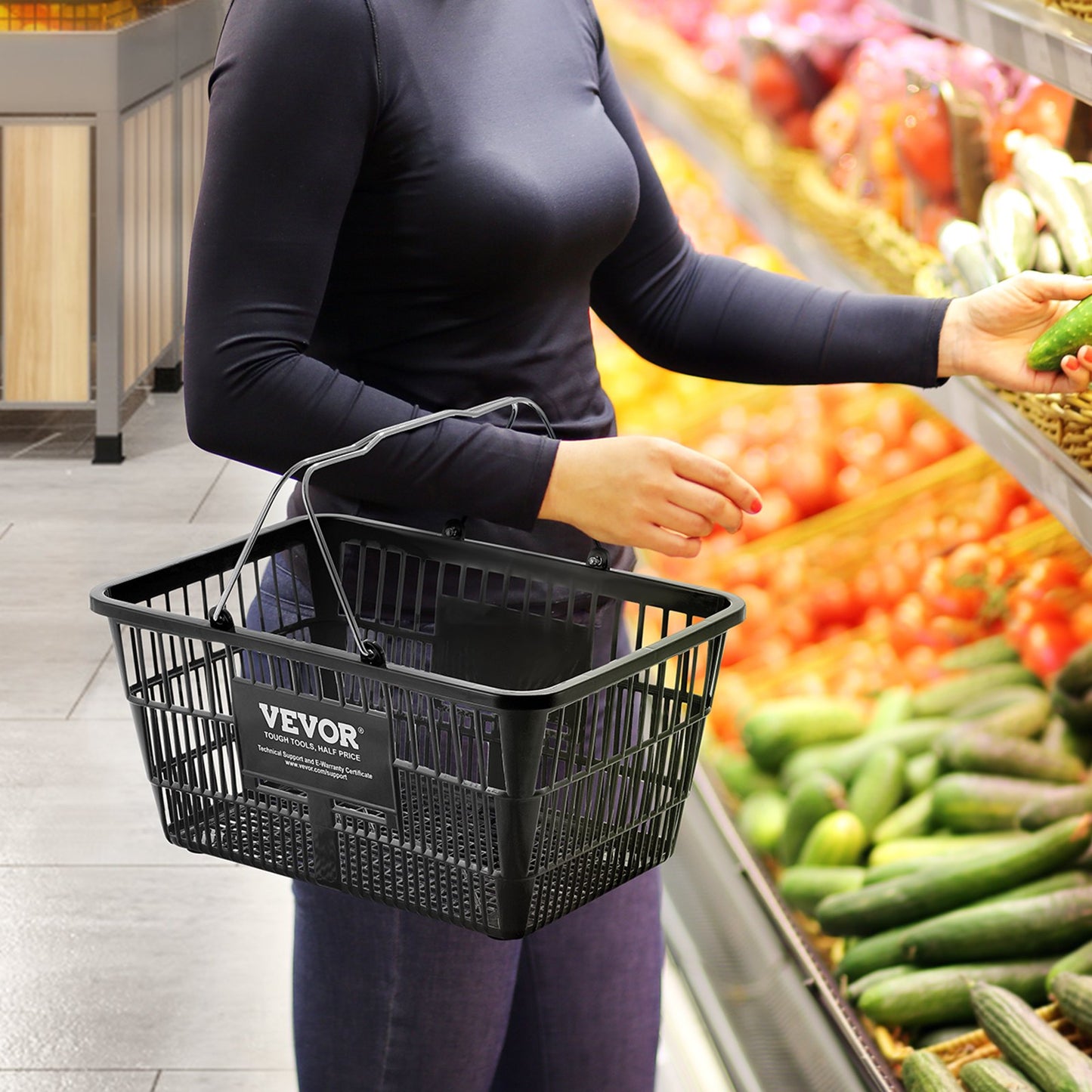 Shopping Basket, Set of 12, 21L Durable Plastic Grocery Basket with Metal Handle and Stand, 16.73 x 12.01 x 8.58 inch Portable Shop Basket for Retail Store Supermarket Grocery Shopping, Black