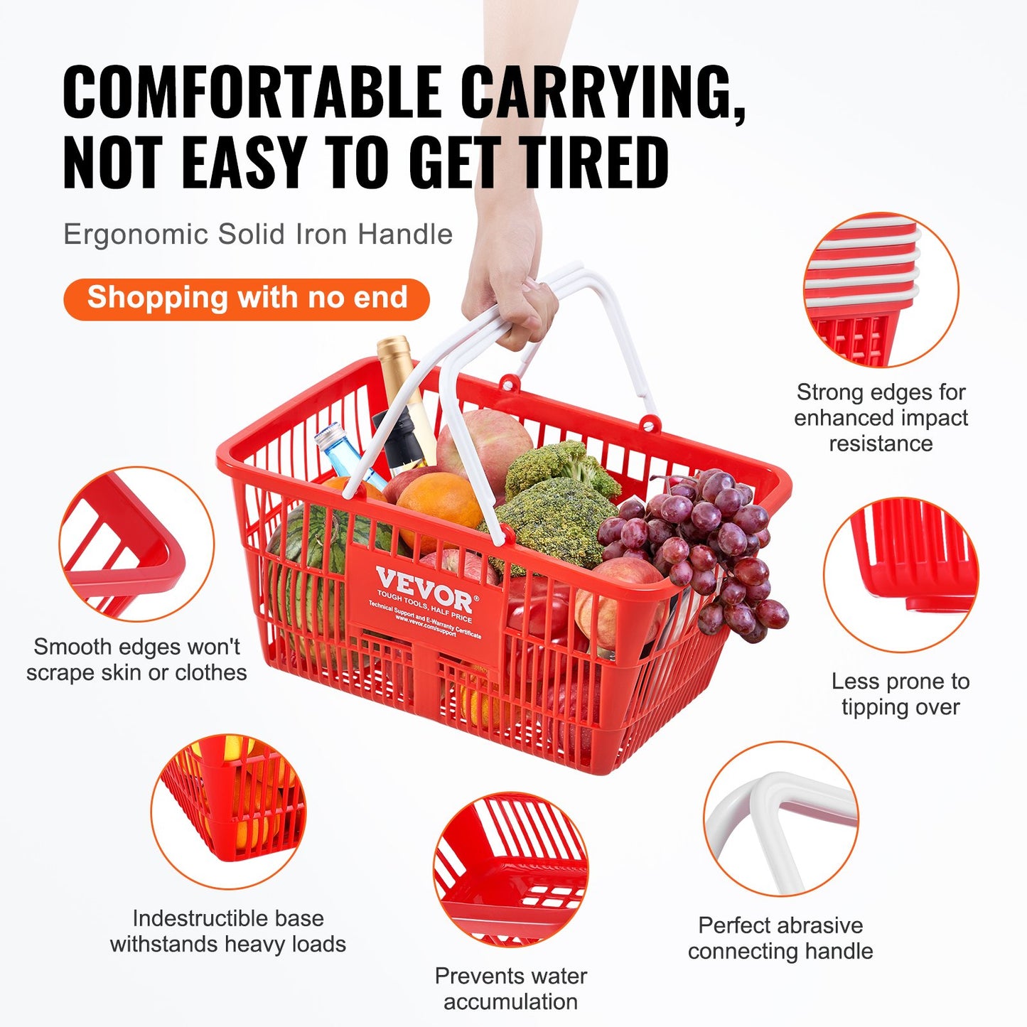 Shopping Cart Portable Food Basket 20pcs 21L with Handle and Stand Red