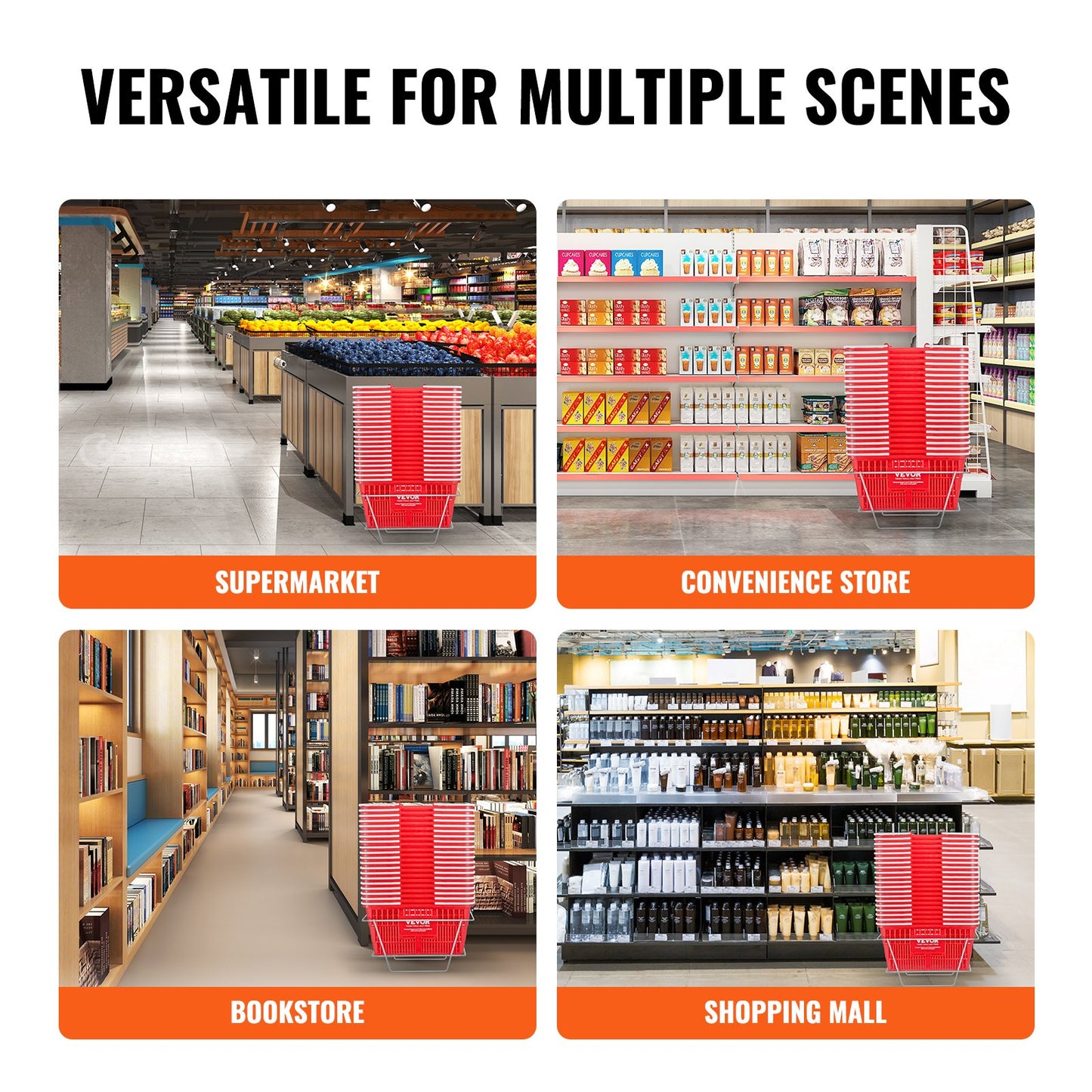 Shopping Cart Portable Food Basket 20pcs 21L with Handle and Stand Red