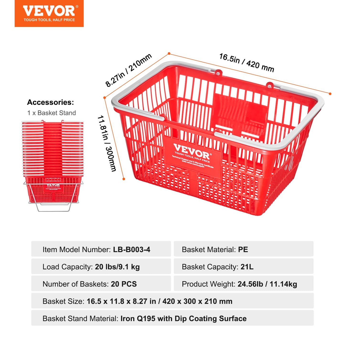 Shopping Cart Portable Food Basket 20pcs 21L with Handle and Stand Red