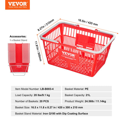 Shopping Cart Portable Food Basket 20pcs 21L with Handle and Stand Red