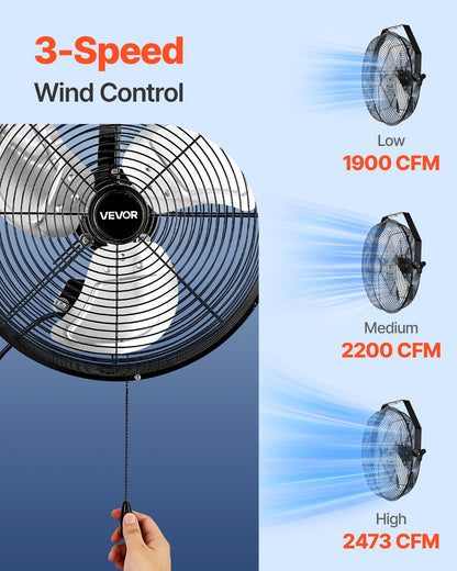 14 Inch Industrial Wall Mount Fan, High Velocity 2473 CFM Outdoor Fan with 3 Speeds, Waterproof IP44 Garage Wall Fan with Aluminum Blades for Workshop, Warehouse, Greenhouse