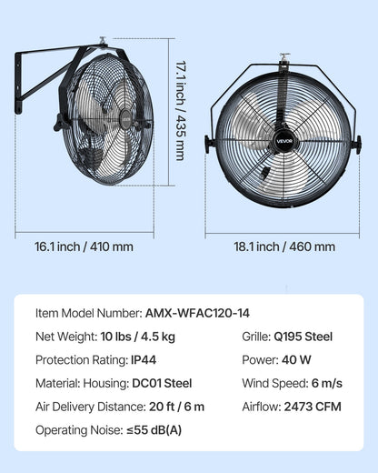 14 Inch Industrial Wall Mount Fan, High Velocity 2473 CFM Outdoor Fan with 3 Speeds, Waterproof IP44 Garage Wall Fan with Aluminum Blades for Workshop, Warehouse, Greenhouse