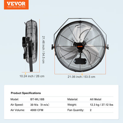 Wall Mount Fan, 2 PCS 18 inch Waterproof, 3-speed High Velocity Max. 4000 CFM Industrial Wall Fan for Indoor, Commercial, Residential, Warehouse, Greenhouse, Workshop, Basement, Garage,Black