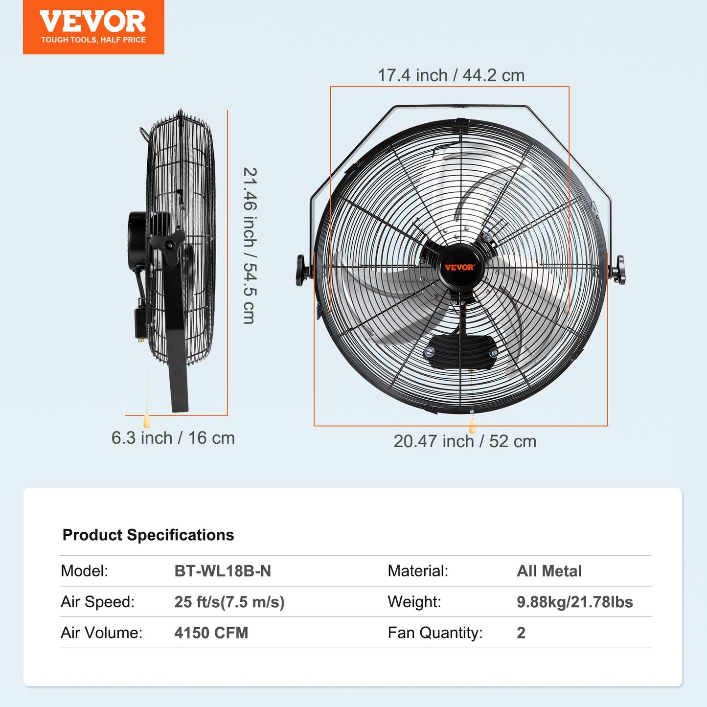 Wall Mount Fan, 2 PCS 18 inch Manual 360-Degree Tilt Adjustment, 3-speed High Velocity Max. 4000 CFM Industrial Wall Fan for Indoor, Commercial, Warehouse, Workshop, Basement, Garage